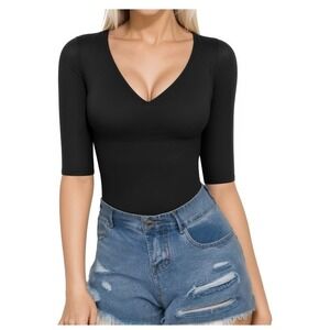 Mangopop Black V-Neck Short Sleeve Bodysuit Size Small NWT Cotton Spandex